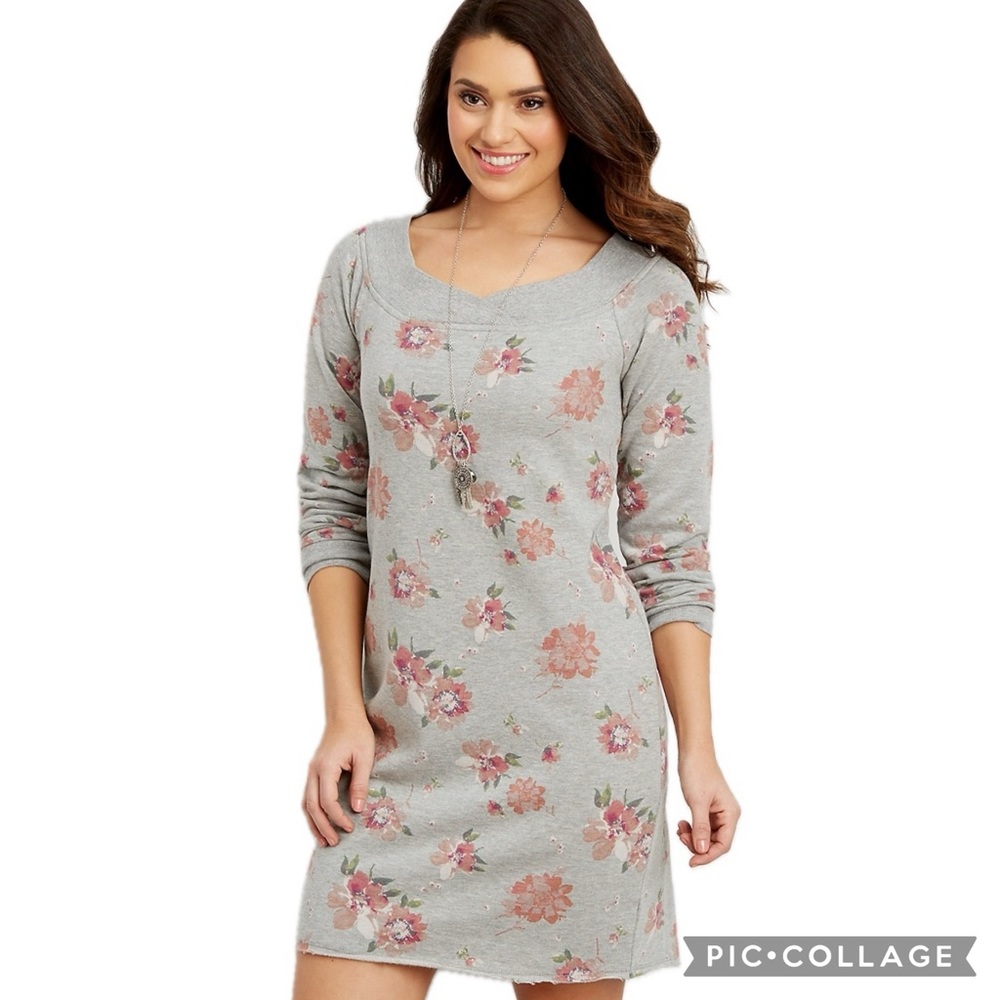 Maurices Gray Floral Print Soft French Terry Long Sleeve V-Neck Sweatshirt Dress